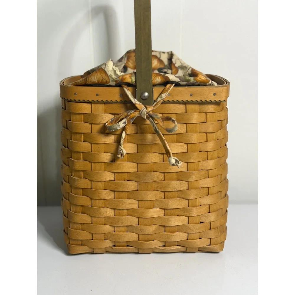 VTG Longaberger Autumn Tote Basket Brown Woven Wood Fabric Liner Handle 2003